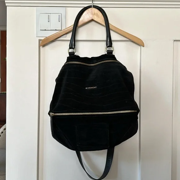 GIVENCHY LRG Pandora Bag Crocodile Embossed black suede. 2 straps. Gold hardware